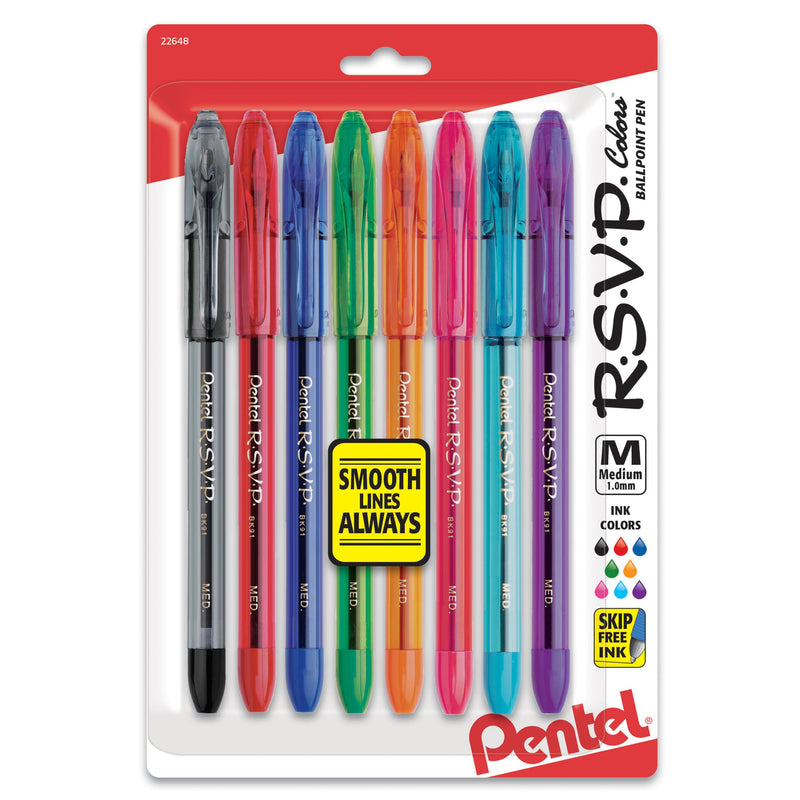Pentel RSVP Ballpoint Pen, (1.0Mm), Medium Line, Assorted Ink, Pack of 8 (BK91CRBP8M)