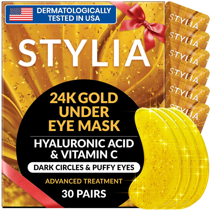 Stylia under Eye Patches for Dark Circles and Puffy Eyes (30 Pairs) - 24K Gold under Eye Mask with Vitamin C, Hyaluronic Acid, Pearl Extract - Eye
