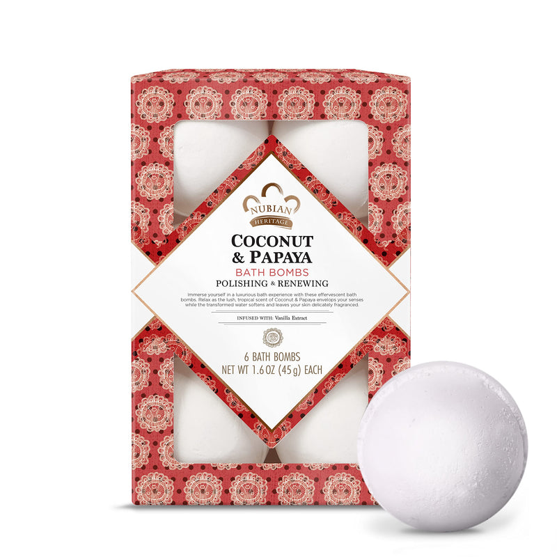 Nubian Heritage Bath Bombs Coconut and Papaya Renewing Bath and Body Products 1.6 Oz 6 Count