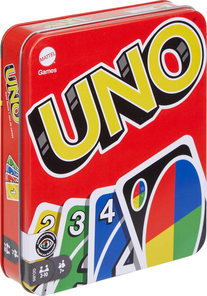 Mattel Games UNO Card Game in Travel & Storage Tin for Kid, Adult & Family Nights & Parties, Color Blind Accessible & Customizable Deck (Amazon