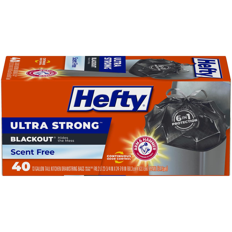 Hefty Ultra Strong 13 Gallon Trash Bags, Black Tall Kitchen Trash Bags 13 Gallon Size, Break Resistant Drawstring Enclosure, Continuous Odor