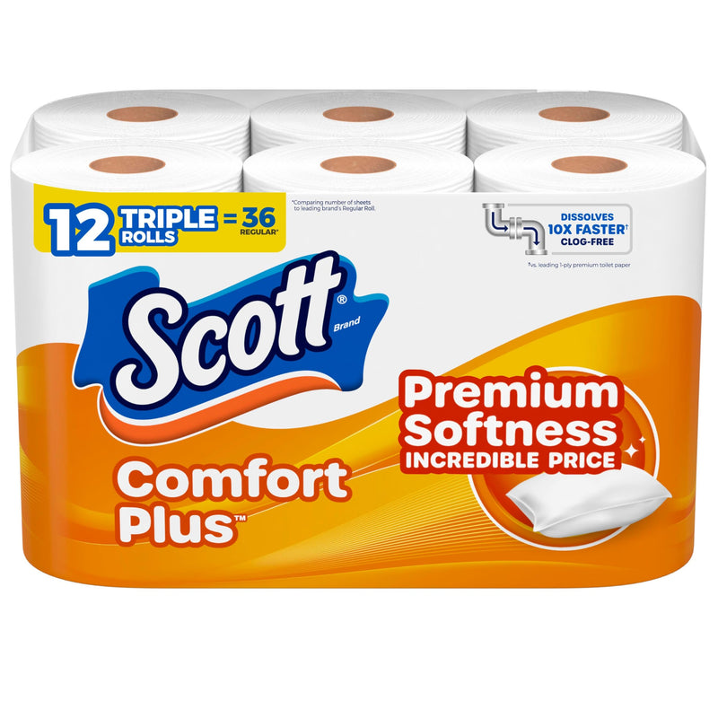 Scott Comfortplus Toilet Paper, 12 Double Rolls, 231 Sheets per Roll, Septic-Safe, 1-Ply Toilet Tissue