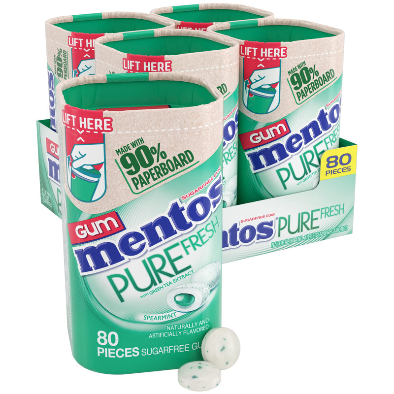 Mentos Pure Fresh Sugar-Free Chewing Gum with Xylitol, Spearmint, in a Recyclable 90% Paperboard Bottle, 80 Piece, Pack of 4 Bottles