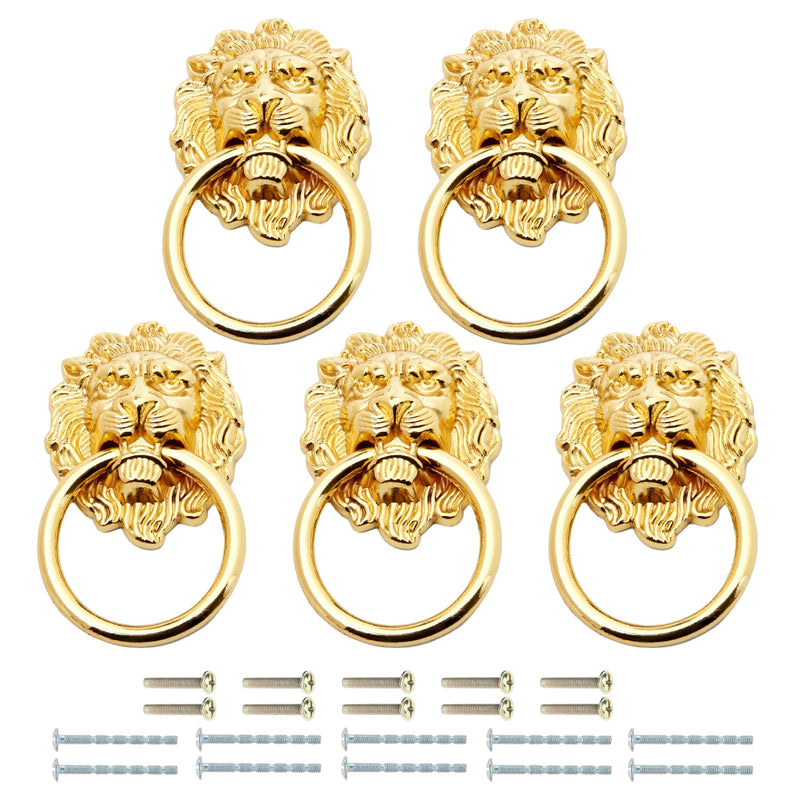 Mgoodoo 5Pcs Drawer Lion Head Pull Handle Knob Dresser Cabinet Pull Ring 1.97X3.54Inch Classical Antique Style Zinc Alloy Handle (Large|Gold)