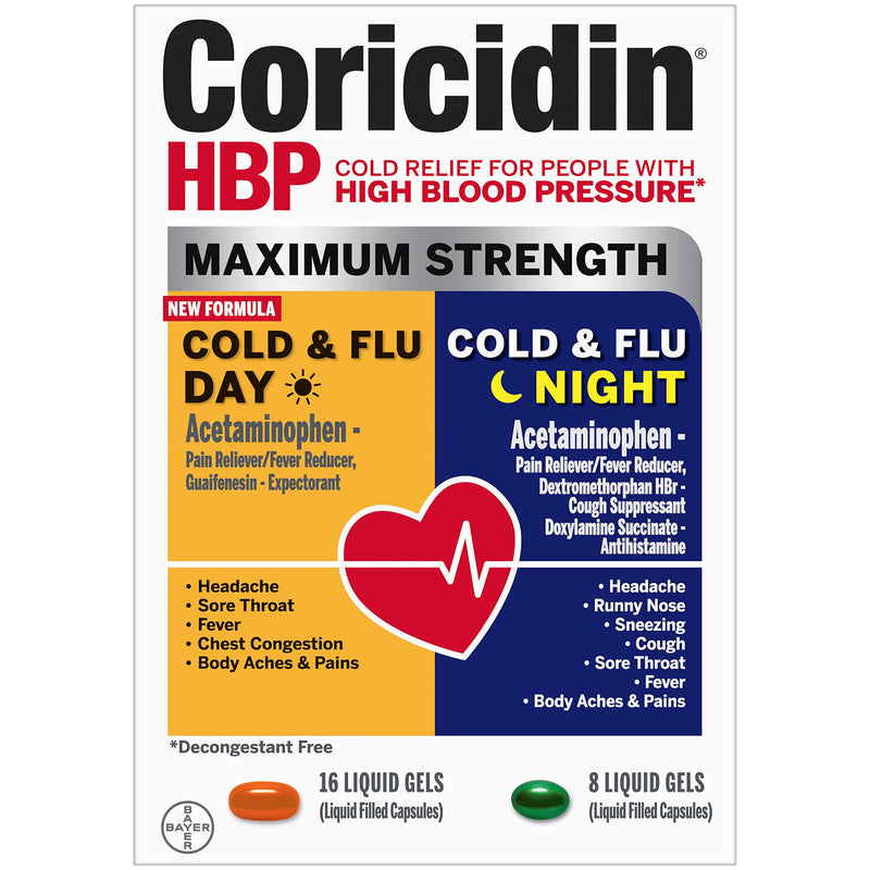 Coricidin HBP, Decongestant-Free Cold Symptom Relief for People with High Blood Pressure, Maximum Strength Cold & Flu Day + Night Liquid Gels, 24
