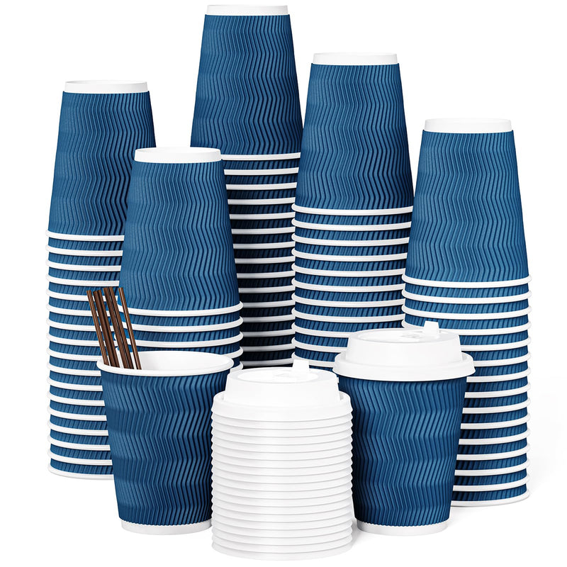 JOLLY CHEF 100 Pack Disposable Coffee Cups, 12oz To Go Paper Coffee Cups with Lids and Stirrers for Hot Beverage 12oz-100 Pack