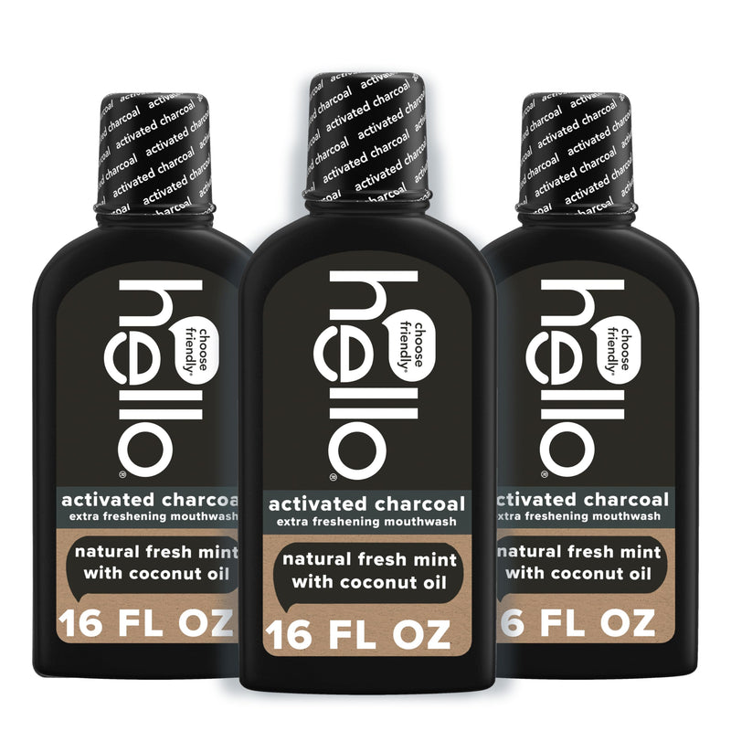 Hello Activated Charcoal Extra Freshening Mouthwash, Natural Fresh Mint and Coconut Oil, Fluoride Free, Alcohol Free, Vegan, SLS Free and Gluten
