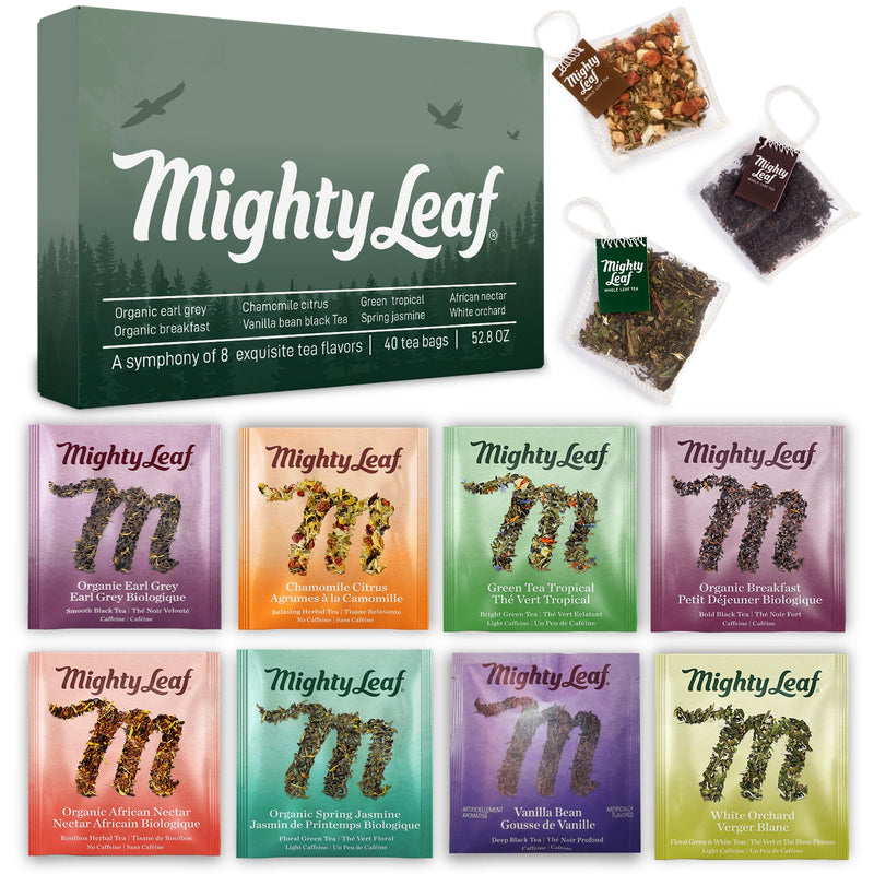 Mighty Leaf Tea Bags Spring Sampler Assortment (40 Silk Bags) Organic (8 Flavors), Tropical, Chamomile Citrus, Earl Grey, Vanilla Bean, White