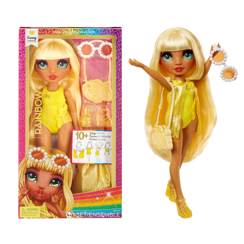 Rainbow High Swim & Style Sunny - Yellow 11" Blonde Fashion Doll with Shimmery Wrap to Style 10+ Ways, Swimsuit, Sandals, Fun Play Accessories,