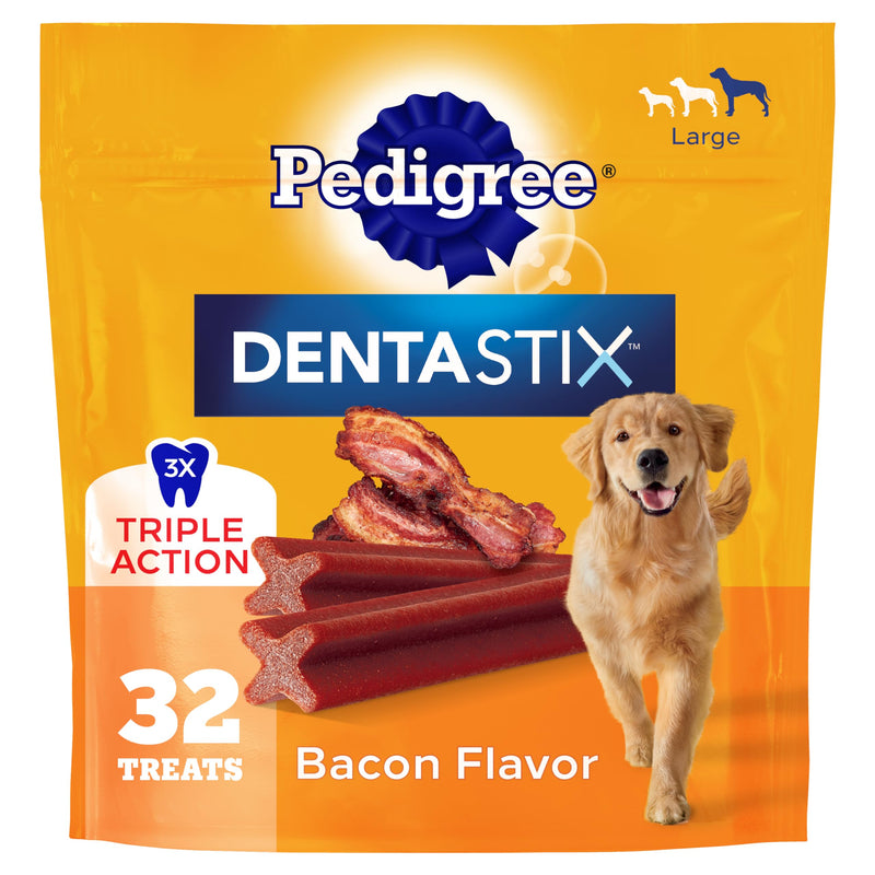 Pedigree Dentastix Large Dog Treats, Bacon Flavor, 1.67 Lb. Bag (32 Treats)