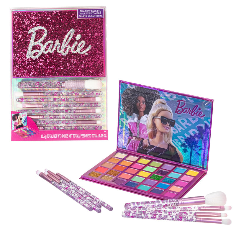 Barbie 35-Well Shadow Palette, Shimmery and Opaque Colors, Pigmented Blendable, 8 Application Brushes Ages 8+, Perfect for Parties, Sleepovers &