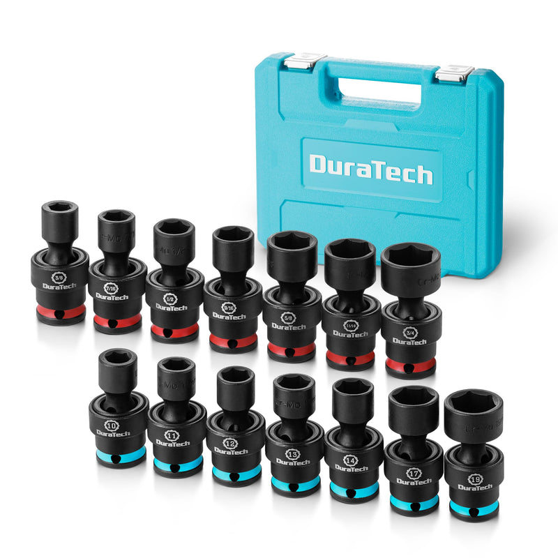DURATECH 3/8" Drive Impact Swivel Socket Set, Shallow Universal Wobble Socket, Sae&Metric Socket Set with Flexible Joint, 14 Pieces, Cr-Mo Steel,