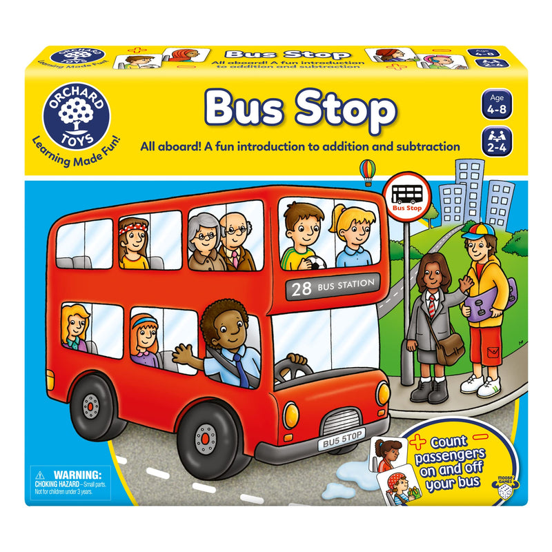 Orchard Toys Moose Games Bus Stop Game. a Fun Introduction to Addition and Subtraction. Pick up and Drop off Passengers on Your Bus. for Ages 4-8