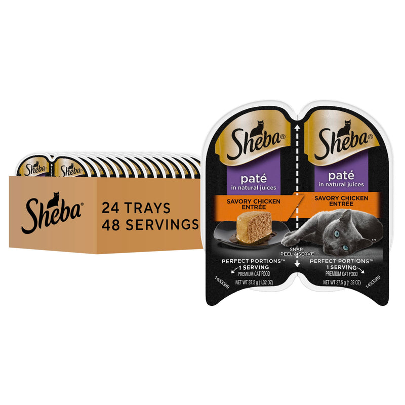 Sheba Perfect Portions Paté Adult Wet Cat Food Trays (24 Count, 48 Servings), Savory Chicken Entrée, Easy Peel Twin-Pack Trays