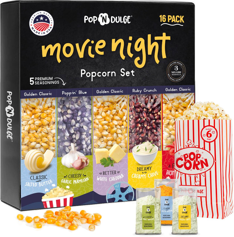 Pop N' Dulge Popcorn Movie Night Supplies 16 Pcs Gift Set, 5 Gourmet Popcorn Kernels, 5 Seasoning Variety Packs Non-Gmo Kosher Snacks, Great