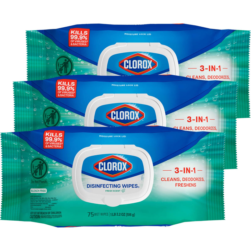 Clorox Disinfecting Wipes, Bleach Free, Household Essentials, Fresh Scent, Moisture Seal Lid, 75 Cleaning Wipes, Pack of 3 (New Packaging)