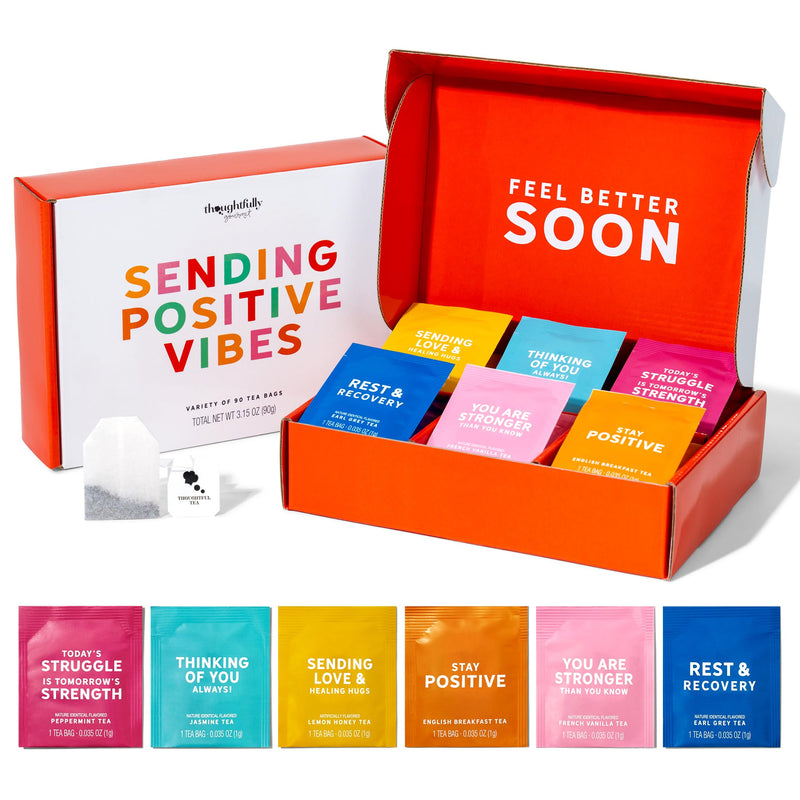 Thoughtfully Gourmet, Sending Positive Vibes Tea Gift Set, Tea Sampler Includes 6 Flavors of Tea with Uplifting Quotes, Great Get Well Gifts, Set