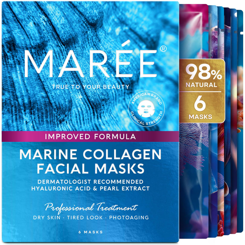 MAREE Collagen Facial Mask with Hyaluronic Acid - Sheet Face Masks Skincare with Green & Red Algae Extract - Hydrating Mascarillas Faciales for