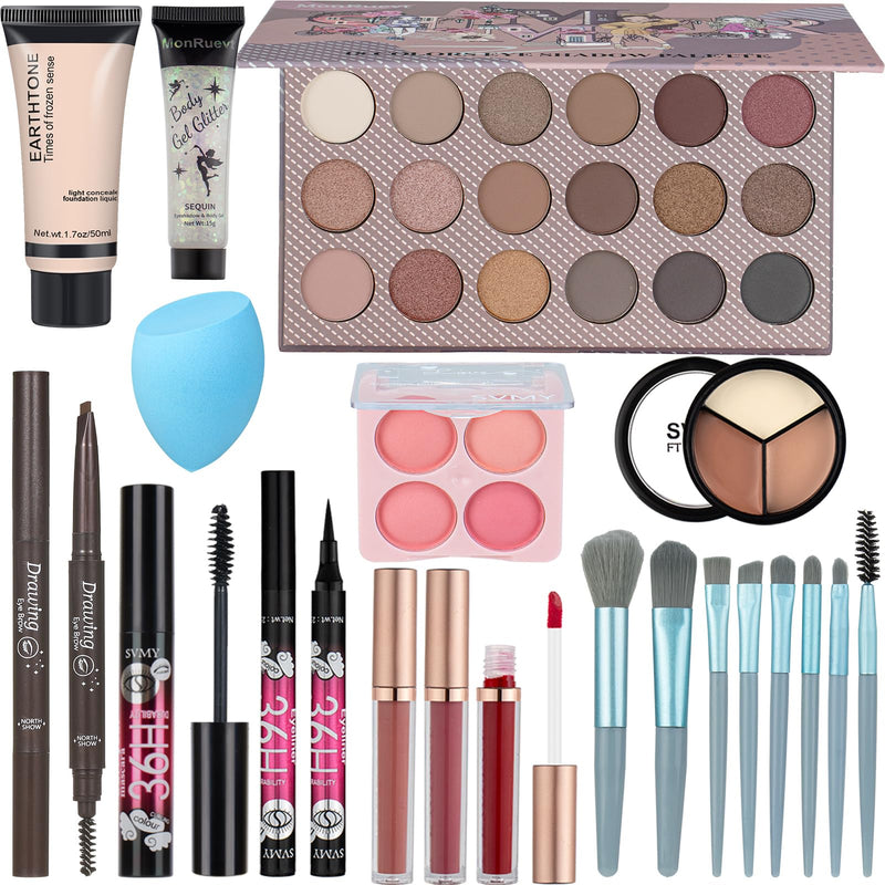 All in One Makeup Kit Includes18-Color Eyeshadow Palette Lip Gloss Brow Pencil Blush Concealer Foundation Mascara & Eyeliner with Travel-Friendly
