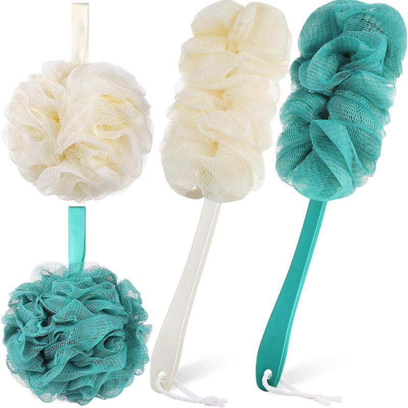 Sunnyray 4 Pack Back Scrubber for Shower and Shower Loofah Sponge Set, 50G Shower Loofah Poufs, Loofah Body Scrubber with Long Handle, Loofah on a