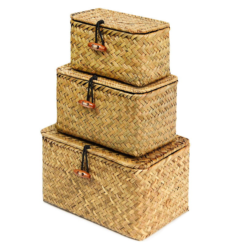 FEILANDUO Shelf Baskets with Lid Set of 3 Handwoven Seagrass Storage Box Wicker Basket Desktop Makeup Organizer Multipurpose Container (Original