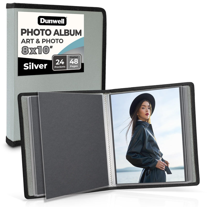 Dunwell Photo Album 8X10 (Silver) with Black Mounting Paper, 8 X 10 Photo & Art Portfolio Presentation Book, 24 Sleeves, Displays 48 Pages,