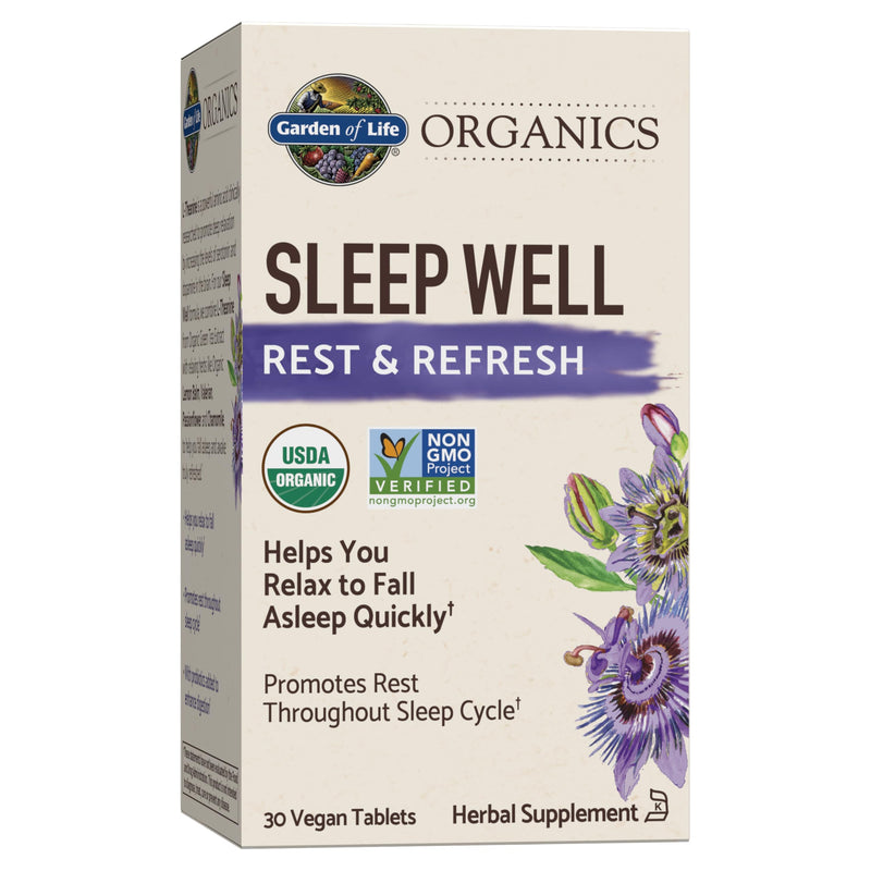Garden of Life Organics Sleep Well Rest & Refresh 30 Tablets, Lemon Balm, Green Tea Extract L-Theanine, Valerian Root, Chamomile,