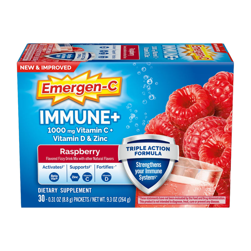 Emergen-C Immune+ Triple Action Immune Support Powder, Betavia (R), 1000Mg Vitamin C, B Vitamins, Vitamin D and Antioxidants, Raspberry â 30 Count