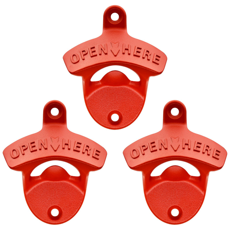 Red Bottle Opener Wall Mounted Rustproof Metal Mountable Beer Soda Top Opener for Home Bar Kitchen (Pack of 3)