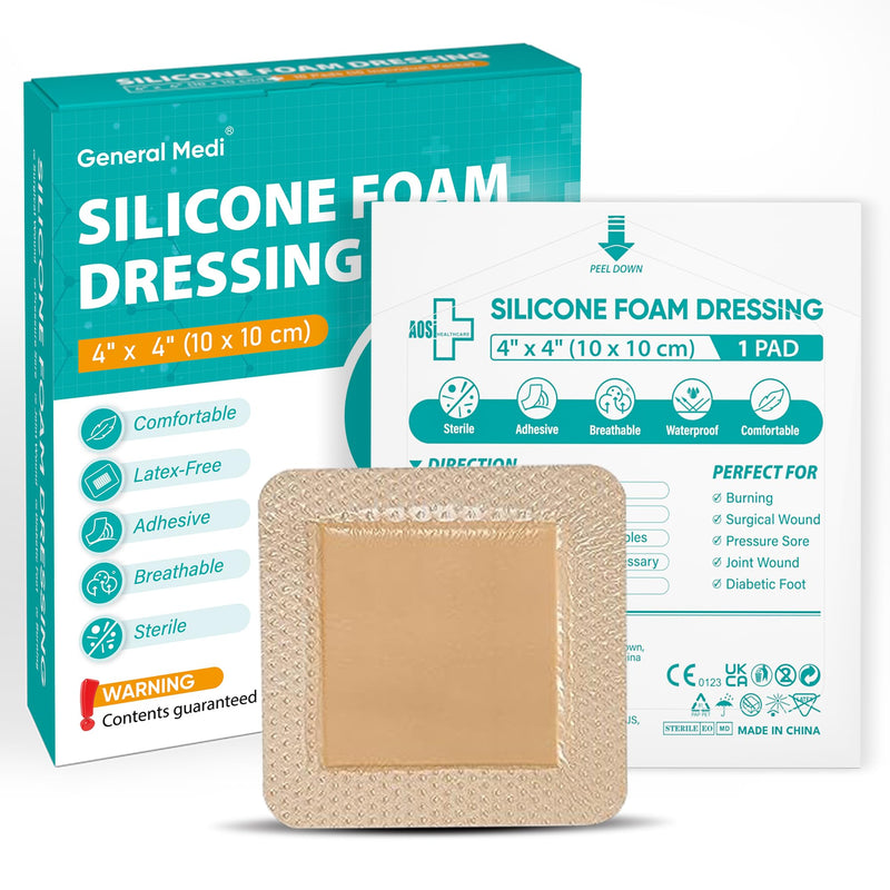 General Medi Waterproof Silicone Foam Island Dressing (10 Packs) â 4" X 4" Sterile Wound Care Pad with Adhesive Border - Sterile, Soft & Highly