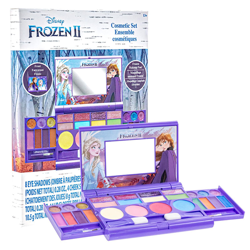 Disney Frozen All-in-One Kids Cosmetic Compact Set Includes Washable Lip Gloss, Eye Shimmer, Cheek Shimmer, Brushes Colorful Portable Beauty Set