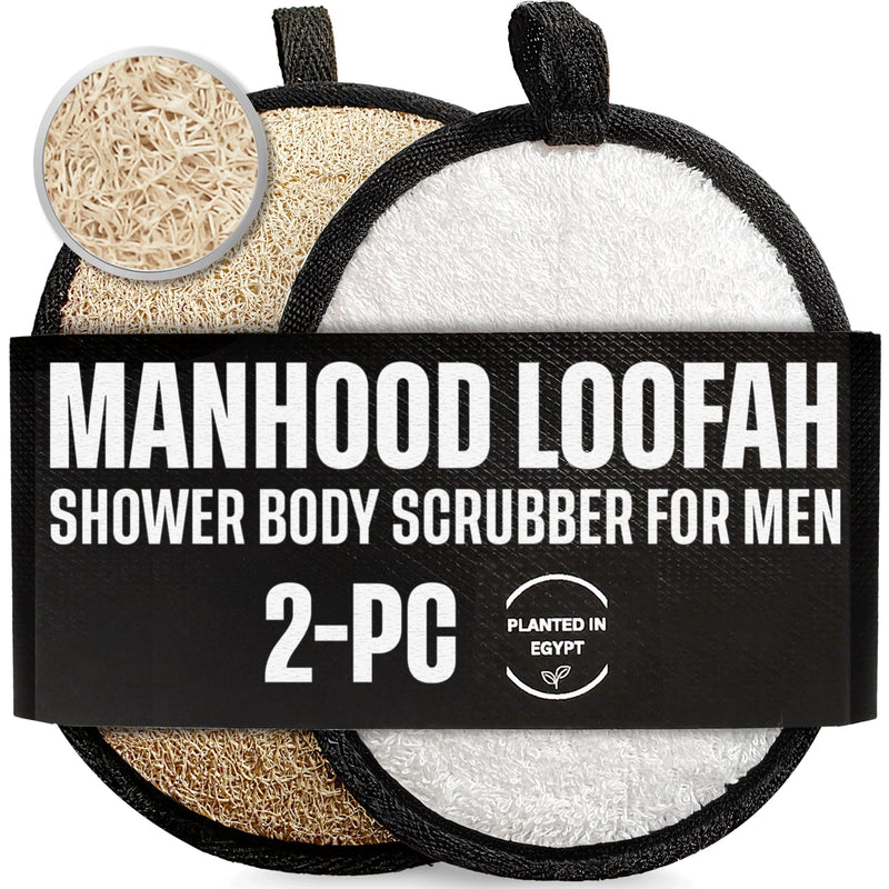 Rugged Natural Shower Loofah for Men - Tough Eco-Friendly Exfoliating Body Scrubbers, Durable & Gentle Terry Towel Cloth Pad for Manly Skin Care -