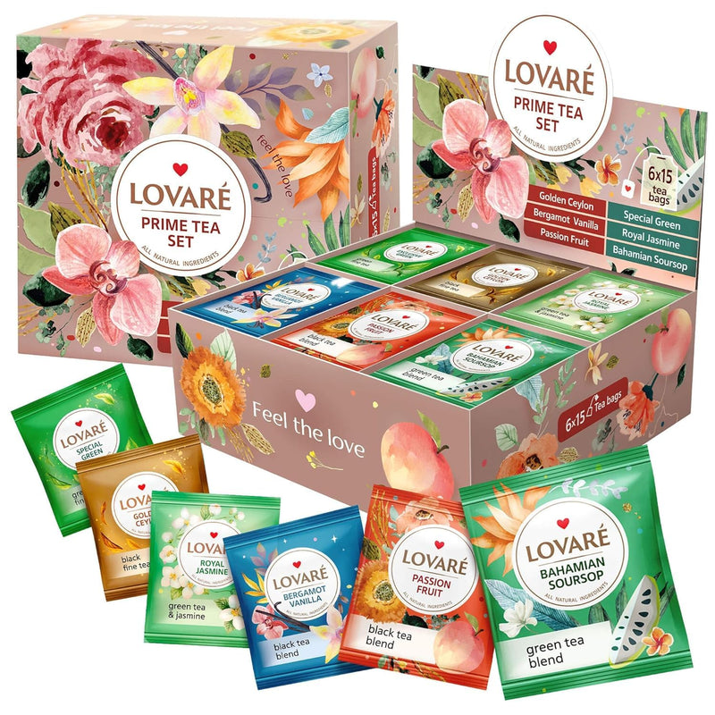 Lovare Black and Green Tea Bags Variety Pack - Made in Ukraine Tea Sampler - Individually Wrapped 90 Assorted Tea Bags - Gift Box for Tea Lovers