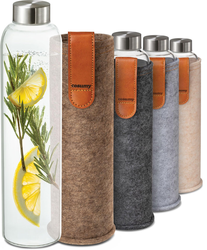 Glass Water Bottle 25Oz with Felt Sleeve - Borosilicate Glass - Leakproof Lid - BPA Free - Ideal for Work, Travel & Gym (Sand Brown)