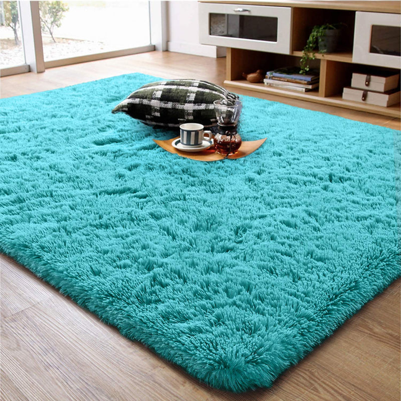 Ompaa Soft Fluffy Area Rug for Living Room Bedroom, 4X6 Teal Blue Plush Shag Rugs, Fuzzy Shaggy Accent Carpets for Kids Girls Rooms, Modern