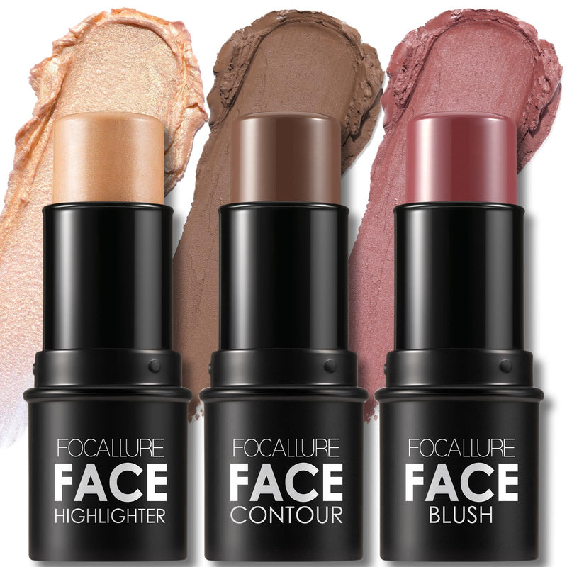 FOCALLURE 3 Pcs Cream Contour Sticks,Shades with Highlighter & Bronzer & Blush,Non-Greasy Long-Wear Face Contouring Pen,Easy to Sculpt the Face