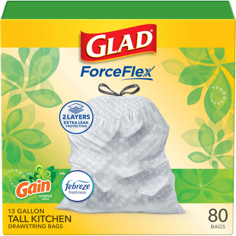 Glad Forceflex Tall Kitchen Trash Bags, 13 Gal, Gain Original with Febreze, 80 Ct (Pack May Vary)