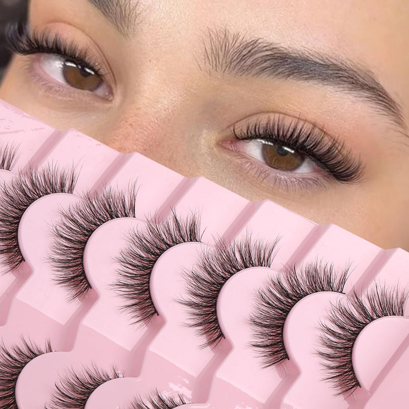 Onlyall Natural Lashes Wispy Lashes Natural Look False Eyelashes Natural Flared Eyelashes False Eye Lashes Soft Fluffy Lashes 7 Pairs D-K06, Black