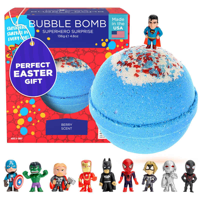 Superhero Bath Bombs for Kids & Boys with Surprise Hero Toys inside (1 Pack) - Large Bubble Bomb for Boys & Girls - Fruity Scent, Relaxing, Gift