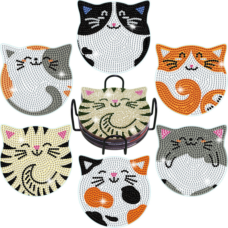 Vcekract Diamond Painting Coasters Kits, 6 Pcs Cat Diamond Art Coasters with Holder, Crafts Kits for DIY Coasters, Diamond Art Kits for Adults Cat