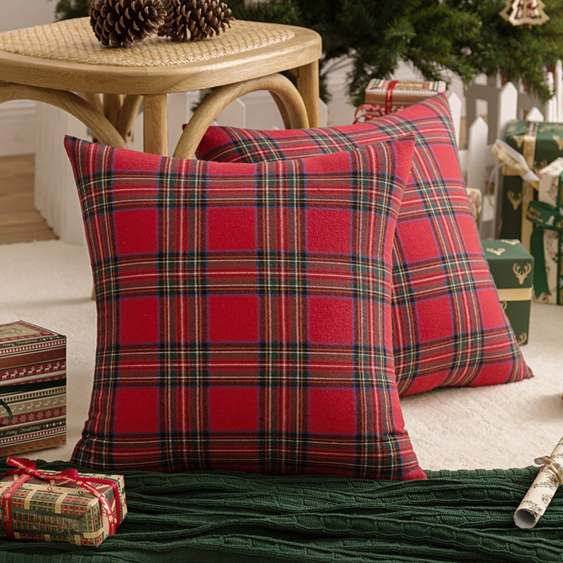 AQOTHES Pack of 2 Christmas Plaid Decorative Throw Pillow Covers Scottish Tartan Cushion Case for Farmhouse Home Holiday Decor Red and Green, 18 X