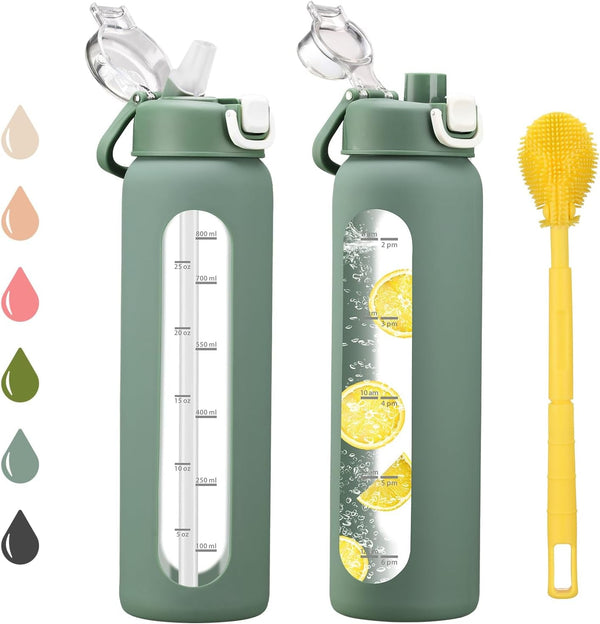 32 Oz Glass Water Bottles with 2 Lids-Handle Spout Lid & Straw Lid, 1 Liter Motivational Borosilicate Water Bottle with Time Marker and Silicone Sleeve,Leakproof-Olive-1 Pack