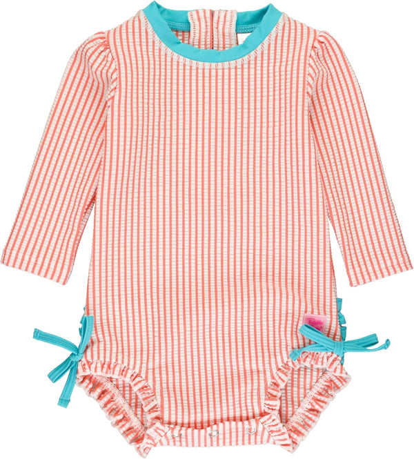 Rufflebutts Baby/Toddler Girls Seersucker Long Sleeve One Piece Rash Guard Swimsuit with UPF 50+ Sun Protection