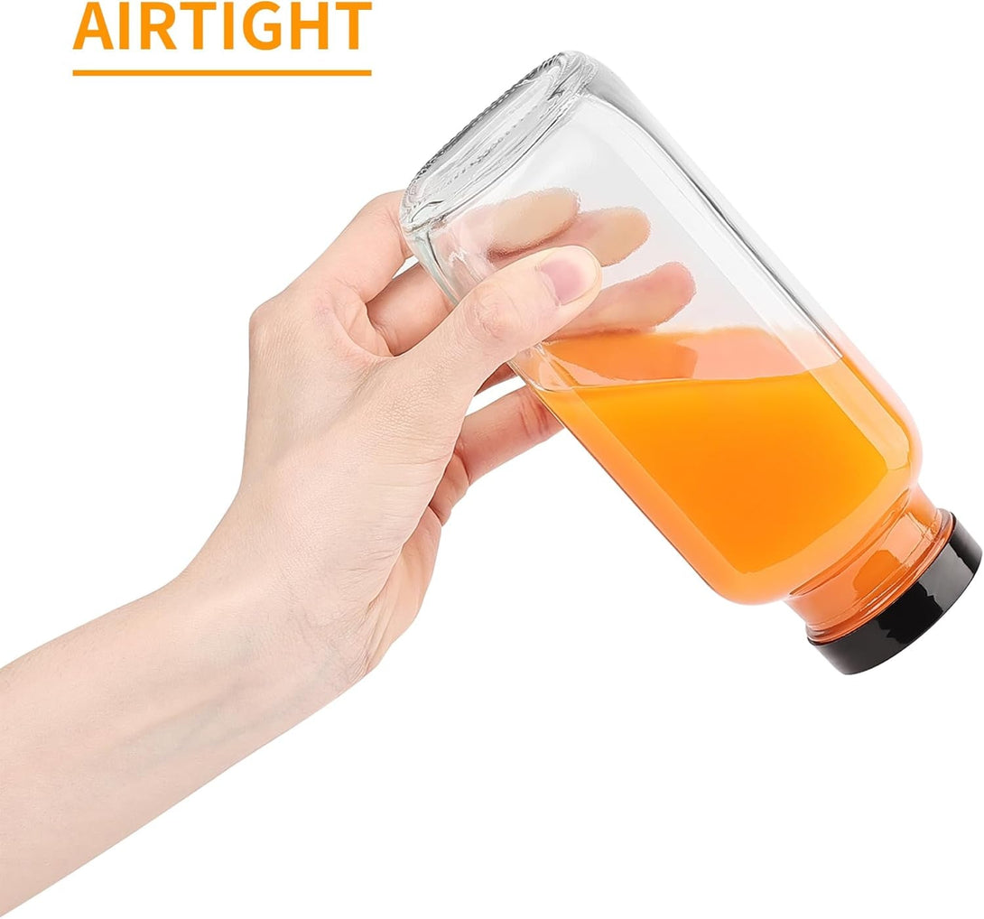16 Pack 16 OZ Glass Juice Bottles with Airtight Lids & 4 Straws & 6 Lids W Hole, Reusbale Clear Glass Homemade Drinking Jars, Glass Bottles for Juicing, Smoothies, Water, Milk, Kombucha