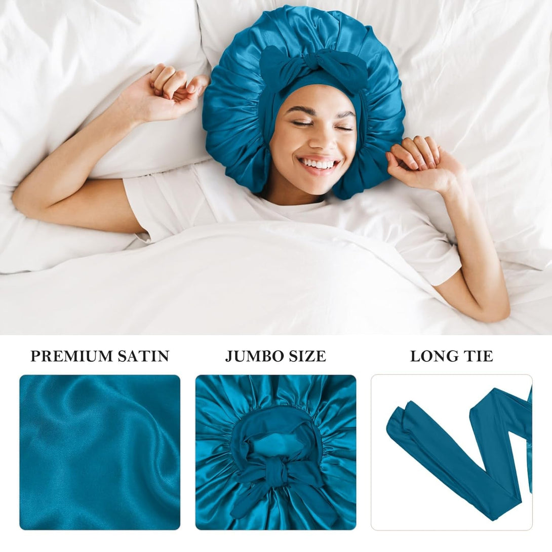 3Pcs Silk Bonnet for Sleeping, Satin Hair Bonnets for Sleeping Black Curly Hair Women Extra Large Jumbo Bonnet with Tie Band Braids (Black+Peacock Blue+Purple)