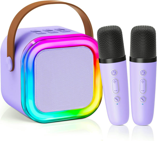 ã€2025 Newestã€‘ Mini Karaoke Machine for Kids Girls & Boys, Portable Bluetooth Speaker with 2 Wireless Microphones, Kids Birthday Gifts for Ages 4-8+,Lights,Voice Changer,Aux/Tf Card Supportï¼ŒPurple