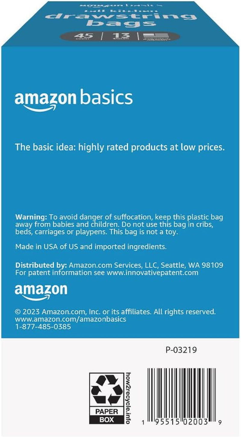 Amazon Basics Trash Bags, Tall Kitchen Drawstring, Unscented, 13 Gallon, 45 Count, Pack of 1