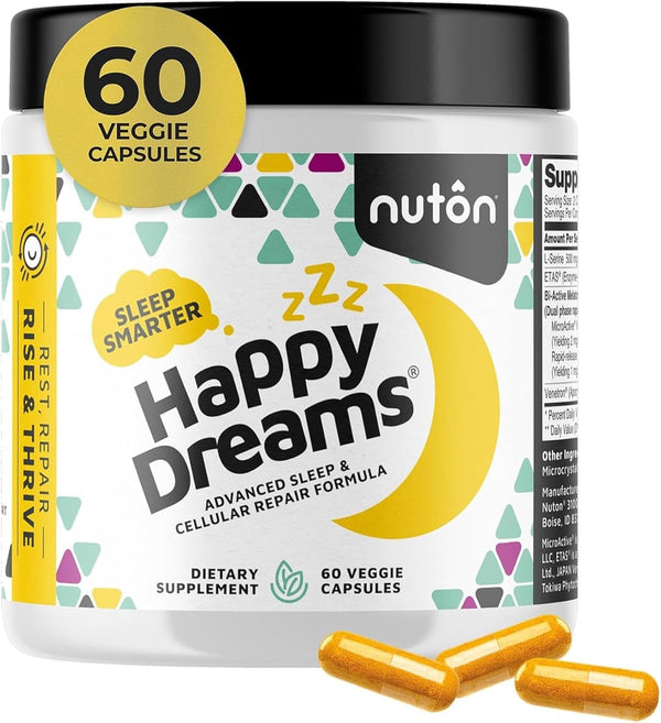 Nuton Happy Dreams Sleep Supplement - Natural Sleep Aids for Adults, Time Release Melatonin, ETAS Asparagus & Venetron Extract, Rest Support Supplement, Natural Aid for Adults, 60 Veggie Capsules
