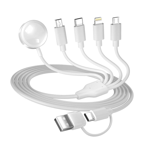 5-In-2 Multi Charging Cable for Apple Watch Charger: USB A/C Input, Lightning/Type C/Micro/Mini B/Wireless Output, Compatible with Iphone 15-13, Iwatch 1-9, Galaxy S23-22, 4FT (White)