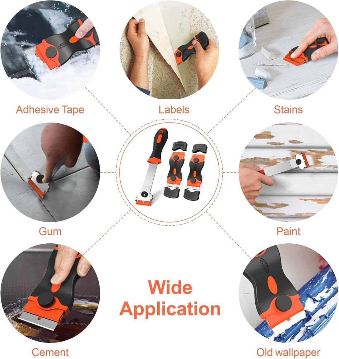 3 Pack Razor Blade Scraper Set, Includes 30 Plastic & 30 Metal Blades, Multi-Purpose Tool for Glass, Cooktop, Sticker Removal, Paint & Gum Cleaning (Orange)